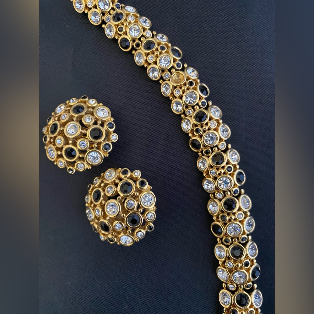 Swarovski Gold Tone Black and Clear Crystal Bracelet and Clip-On earrings
